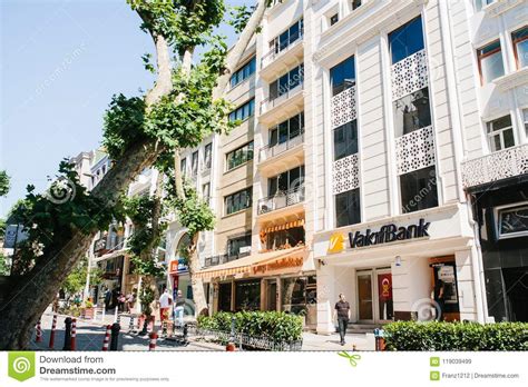 Istanbul June 17 2017 City Street With A Bank Building And Shops