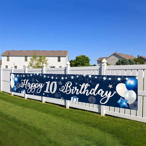 Buy Happy Birthday Yard Banner 21040cm Large Happy 10th Birthday Banner Blue Silver Ten Years