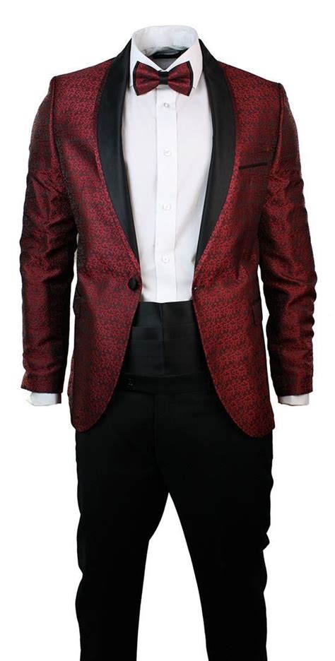 Mens Slim Fit Wine Maroon Black Paisley Suit Tuxedo Shawl Collar