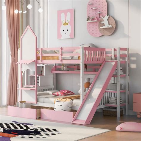 Harper Bright Designs Pink Full Over Full Castle Style Wood Bunk Bed