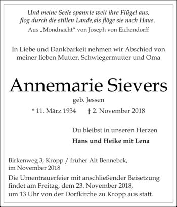 Traueranzeigen Von Annemarie Sievers Sh Z Trauer