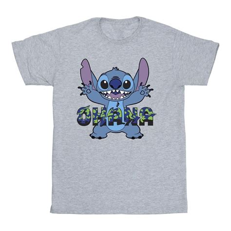 Disney Lilo And Stitch Ohana Blue Glitch Gris Textil Camisetas Manga