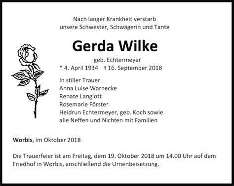 Traueranzeigen Von Gerda Wilke Trauer In Thueringen De