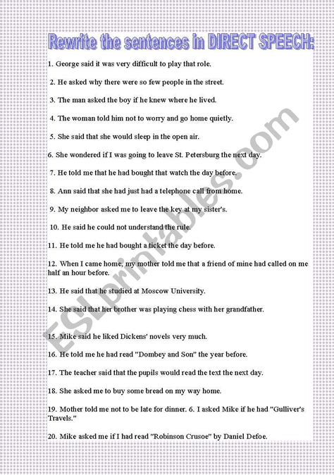 REPORTED SPEECH, practice writing the indirect speech into direct. - ESL worksheet by nurikzhan