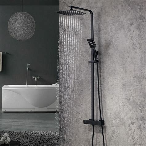 Modern Exposed Thermostatic Shower Faucet Matte Black Square Rain ...