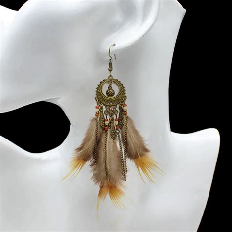 Feathers Long Section Tassel Earrings Discs Colorful Vintage Drop