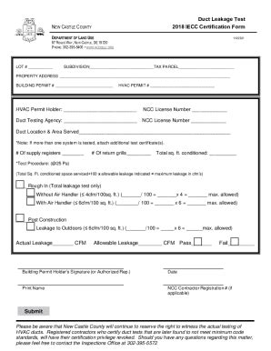 DE Duct Leakage Test IECC Certification Form New Castle County 2021