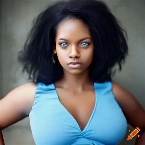 Female With Dark Skin Curvy Oval Face Blue Eyes Black Short Hair Blue Skirt White Blouse