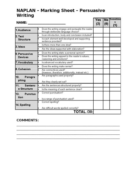 Persuasive Writing Sample Marking Sheet Naplan