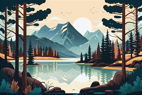 Mesmerizing Mountain Lake Scenery with Lush Trees Flat Vector ...