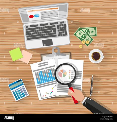 Auditor With Magnifying Glass At Table During Analysis Of Financial