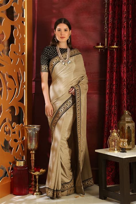 Buy Beige And Black Silk Party Wear Saree In Uk Usa And Canada