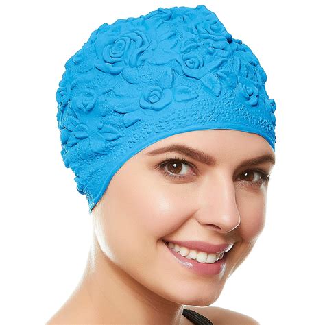 Beemo Swim Bathing Caps For Women Girls Retro Style Latex With Embossed