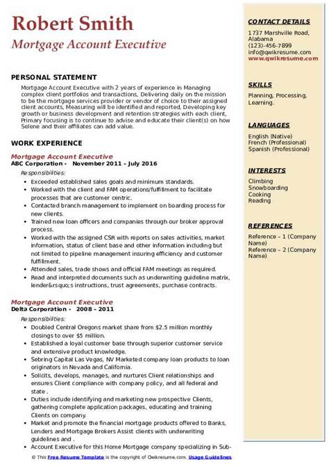 Mortgage Account Executive Resume Samples Qwikresume