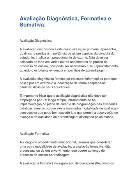 Avaliação Diagnóstica Formativa Somativa Definição Pdf