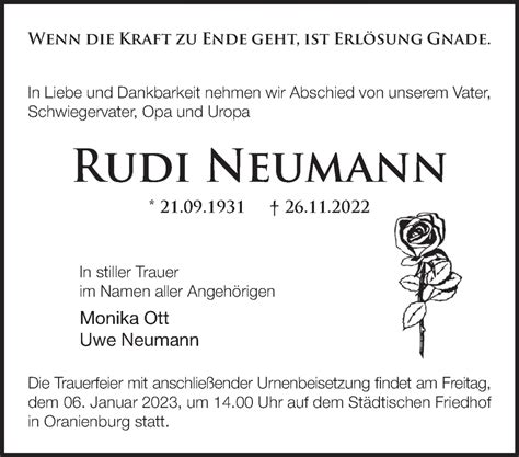 Traueranzeigen Von Rudi Neumann M Rkische Onlinezeitung Trauerportal