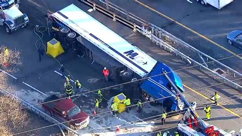 Tractor Trailer Overturns On New York State Thruway In Spring Valley