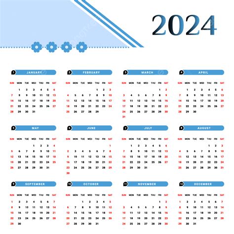 Diseño De Calendario único Azul Cielo Y Negro 2024 Vector Png Dibujos