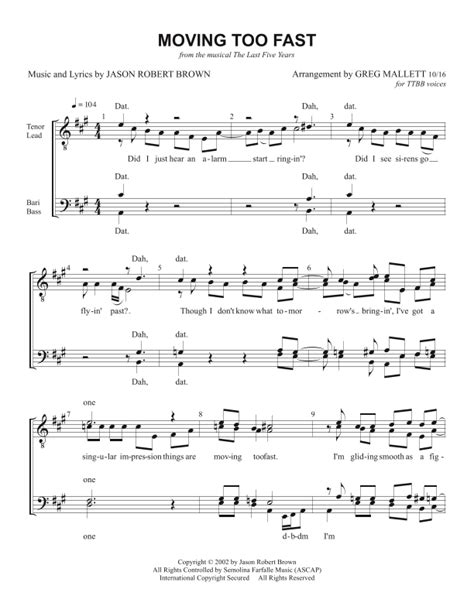 Moving Too Fast Arr Greg Mallett By Jason Robert Brown Sheet Music