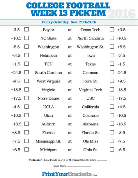 Week 13 College Football Pickem Sheets Printable