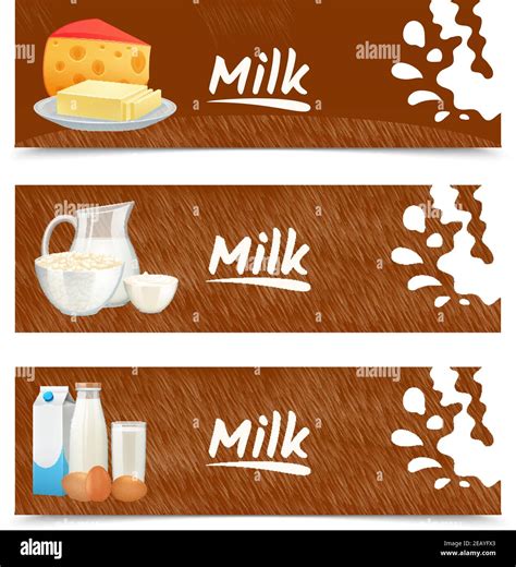 Milk Products Horizontal Banners Set With Cheese Butter Sour Cream