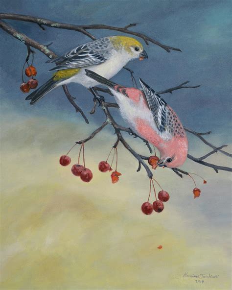 Pine Grosbeaks And Lingering Fruit Painting By Hermione Jaschinski