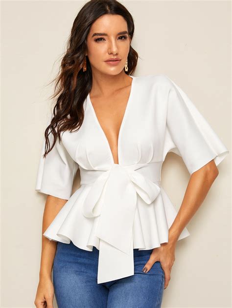 Plunge Neck Tie Waist Peplum Top Shein Peplum Top Tie Waist Top