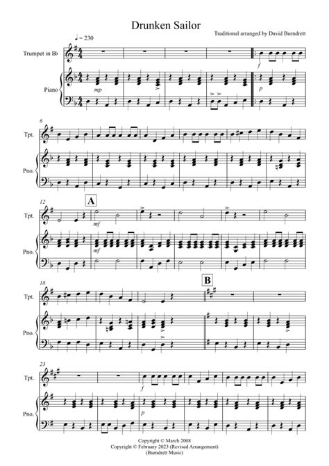 Drunken Sailor For Trumpet In Bb And Piano Arr David Burndrett By