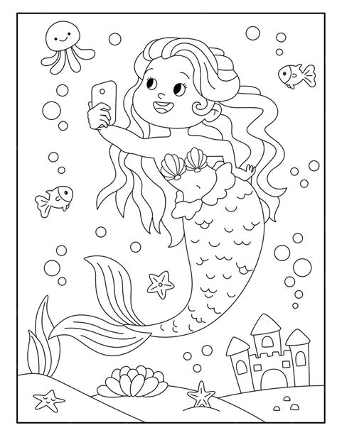 Desenho De Sereia Fofa Com Fundo Do Oceano Para Colorir Vetor Premium