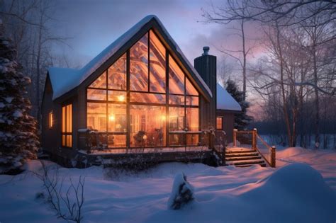 Premium AI Image | Snowcovered cabin with glowing windows at dusk ...