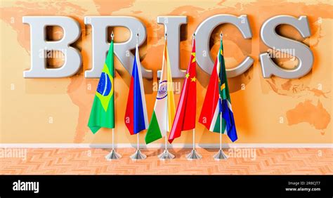 Brics Summit Flags Of All Members Brics In Room 3d Rendering Stock