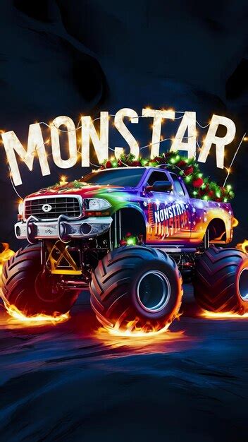 Monster Truck With Flaming Tires Premium AI Generated Image