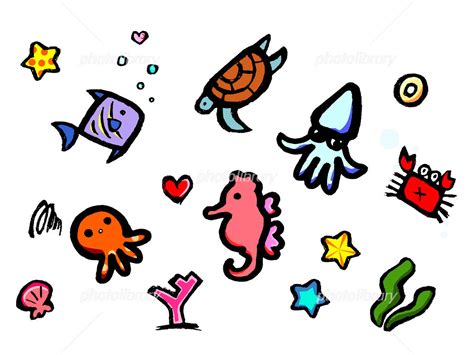 海の生物 大集合 竜の落とし子 蛸 蟹 魚 海亀 人手 貝 イラスト素材 1628777 フォトライブラリー Photolibrary