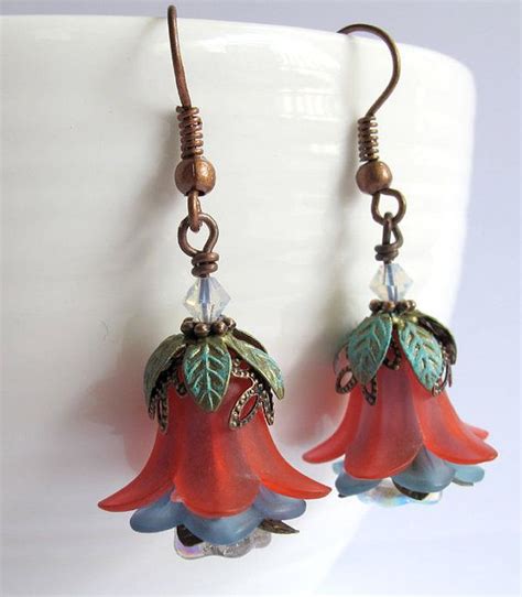 Red Blue Lucite Flower Earrings With Patina Leaves Nature Etsy Ear