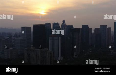 Aerial China Hangzhou Waterfront Intercontinental September Sunset