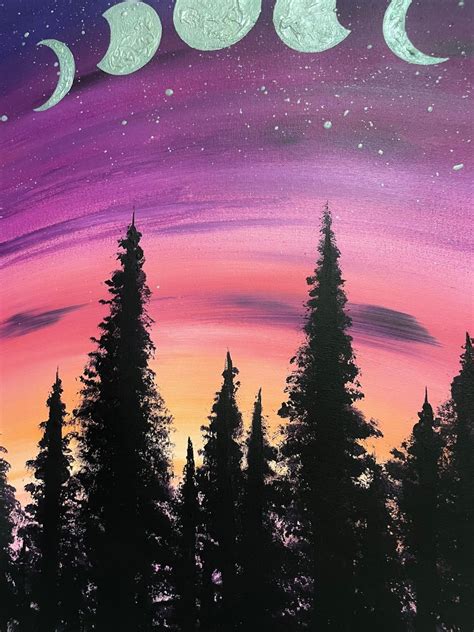 Original Acrylic Painting Sunset Moon Phases Clouds Astrology Forest ...