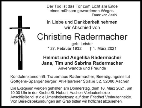 Traueranzeigen Von Christine Radermacher Aachen Gedenkt