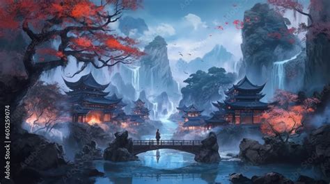 Chinese fantasy style scene art Stock Illustration | Adobe Stock