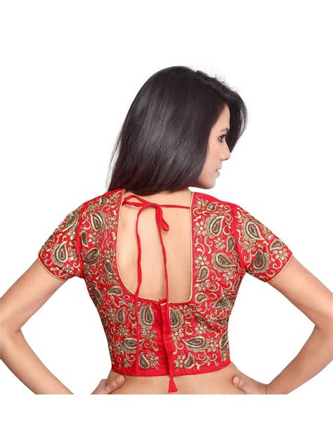 Red Color Raw Silk Embroidered Readymade Blouse Designs Surat Tex