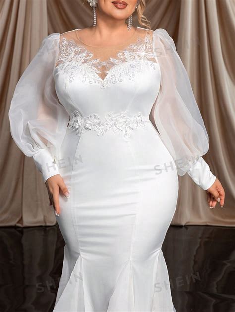 SHEIN Belle Plus Size White Luxury 3D Handmade Beaded Lace Applique