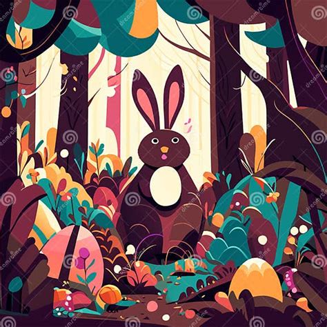 Easter Bunny In The Forest Vector Illustration In Flat Style Stock