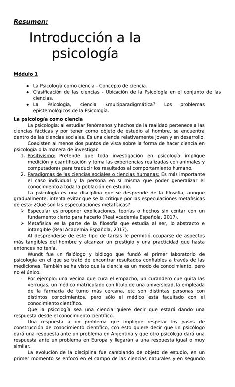 Introduccion A La Psicologia Resumen M1 M2 1 Resumen Introducción A La Psicología Módulo