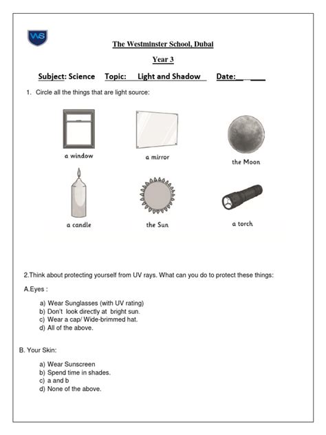 light and shadow worksheet -1-2024 | PDF