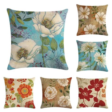 45cm 45cm Beautiful Camellia Pattern Linen Cotton Throw Pillow Covers Couch Cushion Cover Home