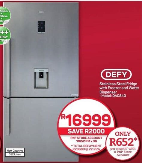 DEFY Stainless Steel Fridge With Freezer And Water Dispenser Offer At