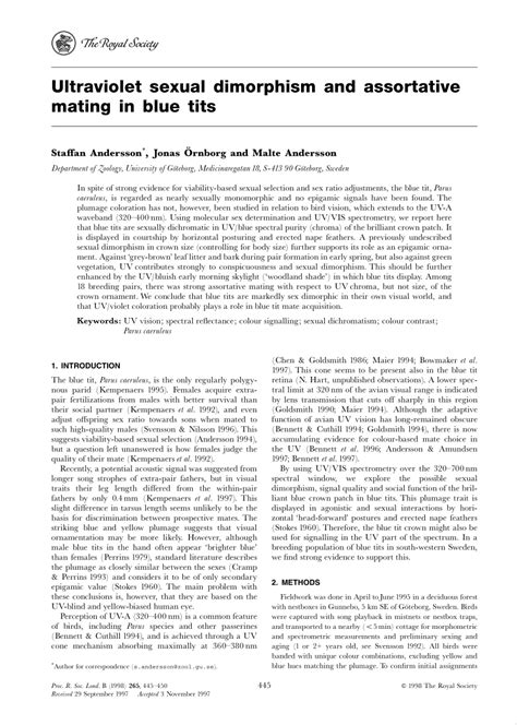 PDF Ultraviolet Sexual Dimorphism And Assortative Mating In Blue Tits