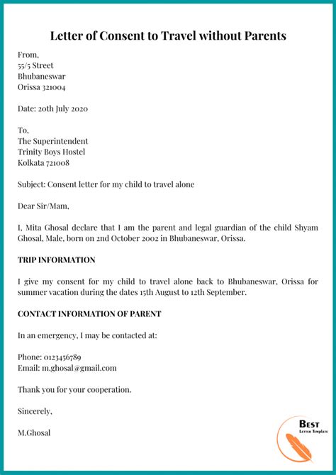 Travel Consent Letter For Minor Template Prntbl