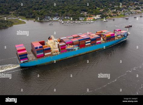 Aerial View Of Cargo Ship Entering Port Stock Photo Alamy