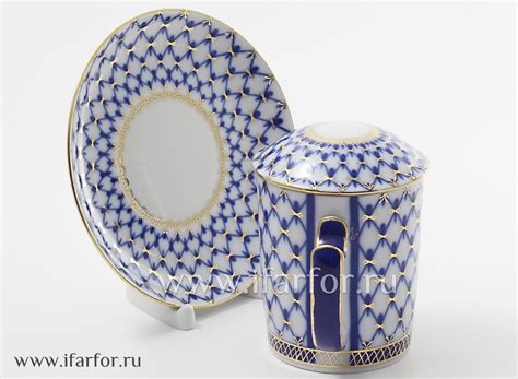 Бокал с блюдцем и крышкой Кобальтовая сетка Снежное утро ...