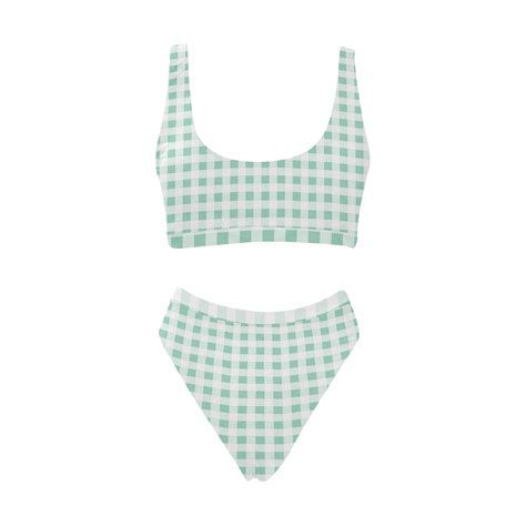 Mint Green Gingham Sport Top High Waisted Bikini Swimsuit Model S ID D